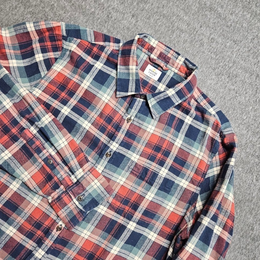 Marine Layer Button Down Shirt Mens Medium Blue Red Plaid Long Sleeve Flannel